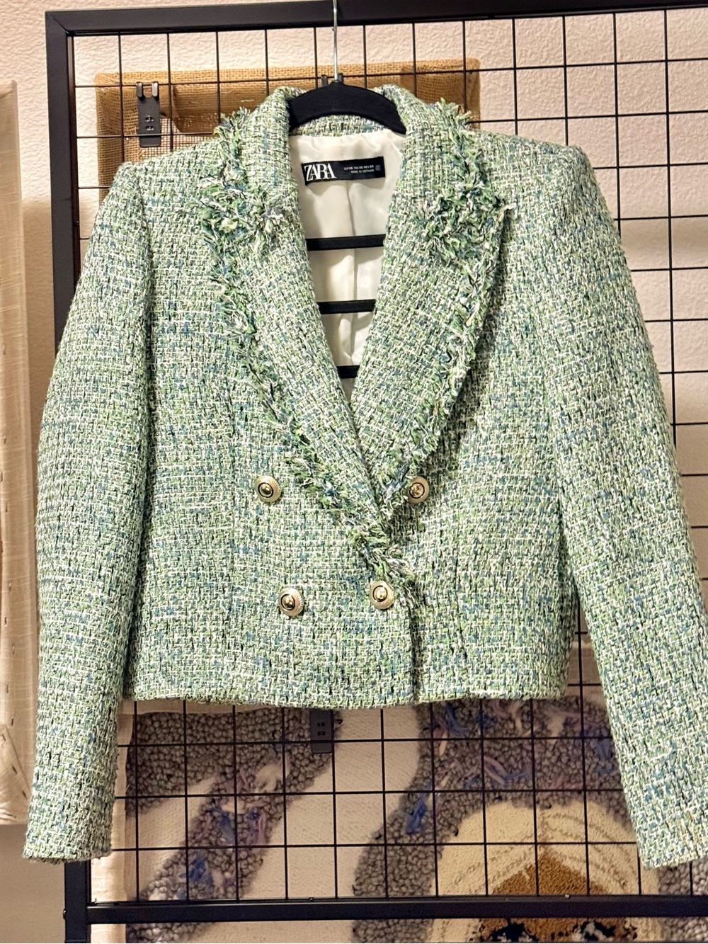 Zara Light Green Tweed Double-Breasted Cropped Blazer